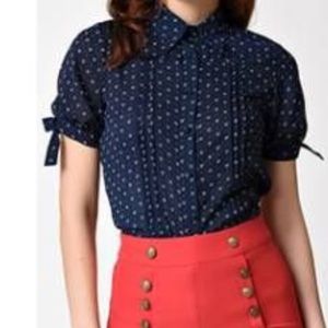 Unique Vintage Navy Anchor Print Chiffon Blouse